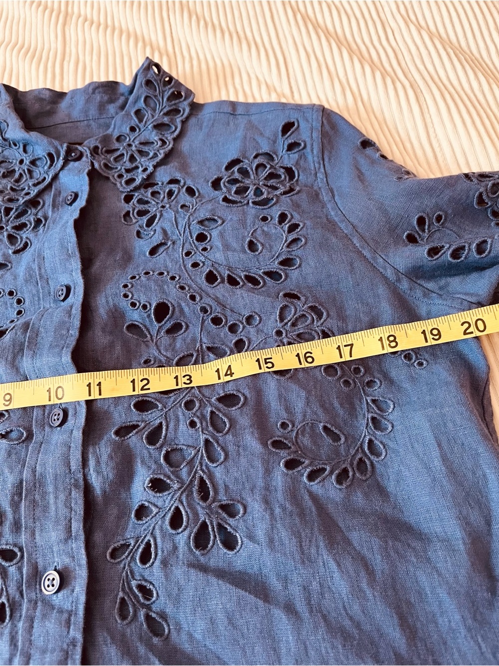 Womens Blue Linen  Eyelet Cutout Button-Up Blouse - Picture 8 of 11